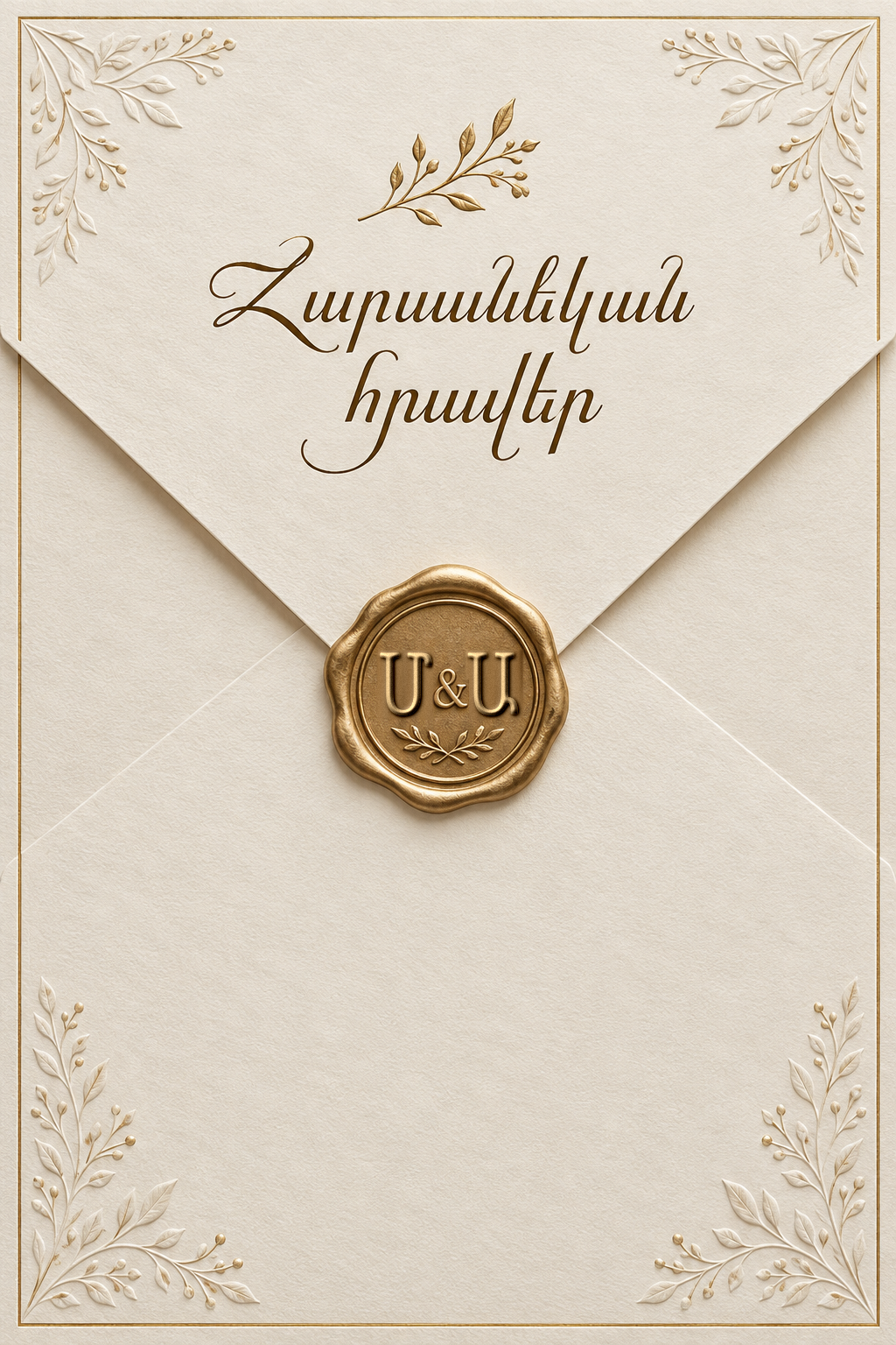 Փղոսկրագույն հարսանեկան ծրար՝ ոսկեգույն կնիքով և Ա ու Ա սկզբնատառերով
